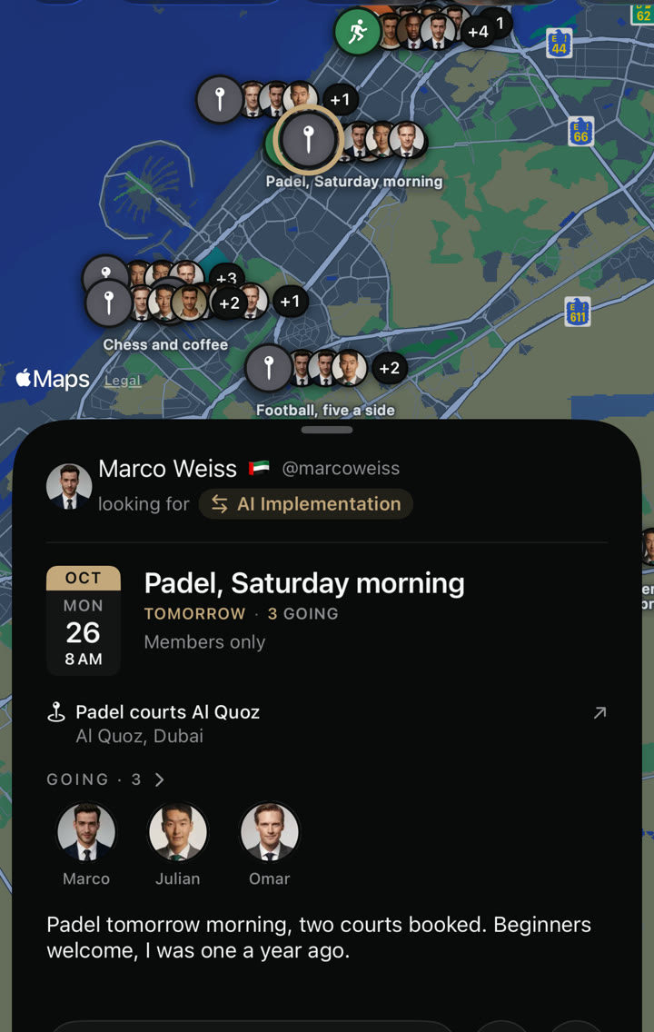 The Tizzal map of Dubai: events as pins with the faces of the men who are going, and an open padel event.