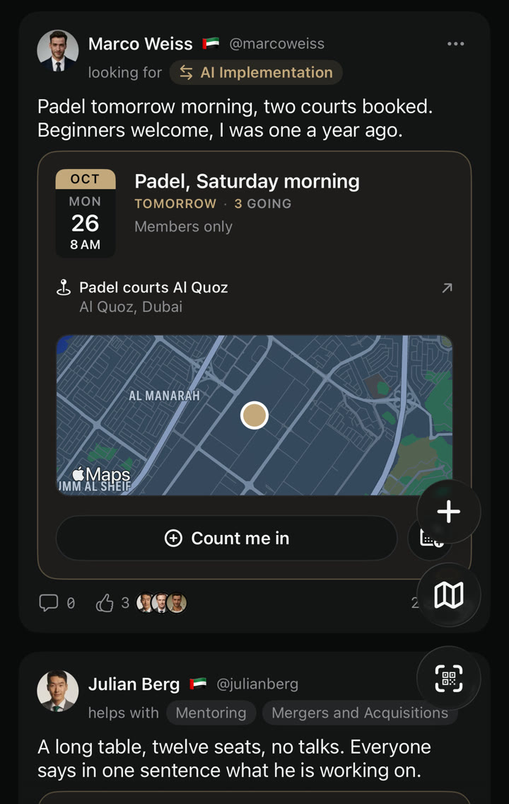 An event in the Tizzal feed: padel on Saturday morning in Al Quoz, who is going, and the button Count me in.