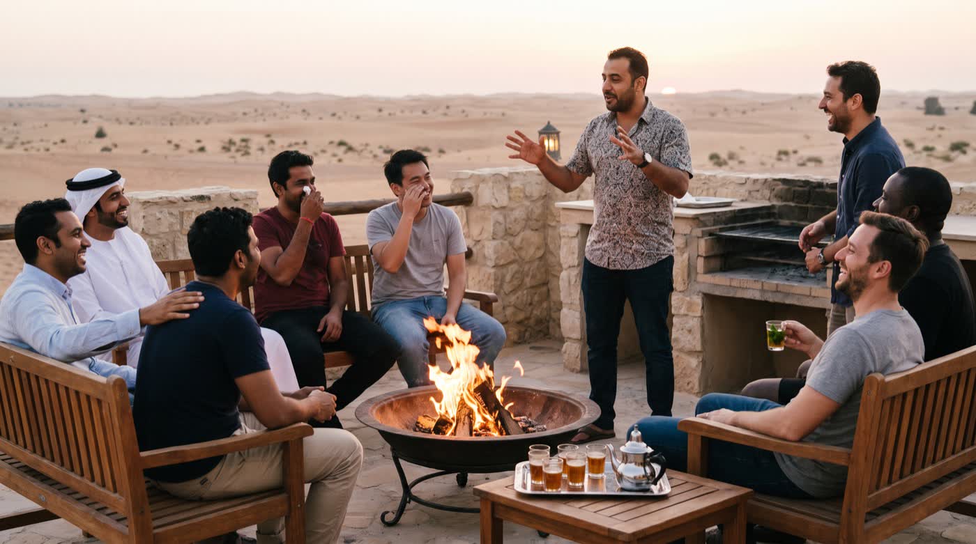 Nine men around a fire pit at dusk, one telling a story, the others laughing.