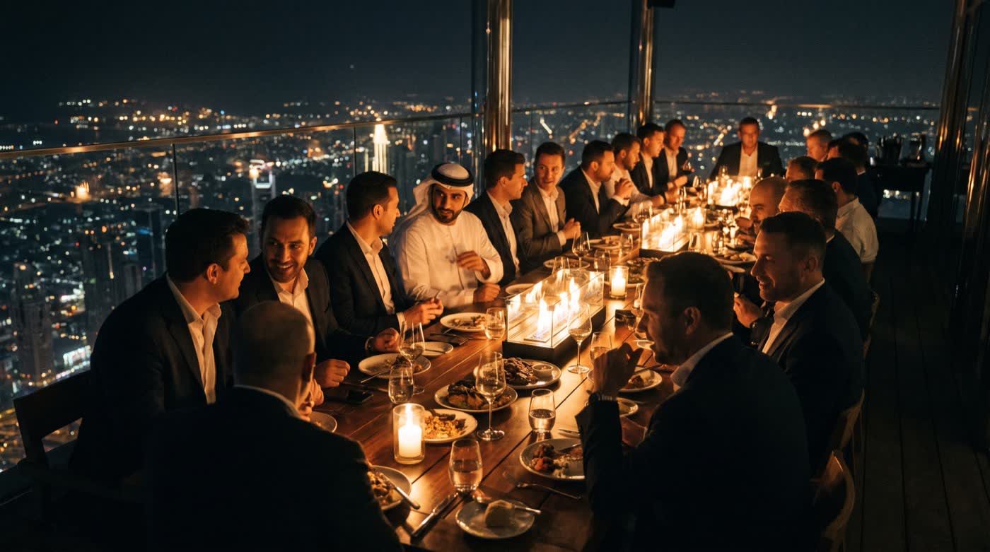 A long table on a terrace high above Dubai at night, twenty men eating and talking by candlelight.