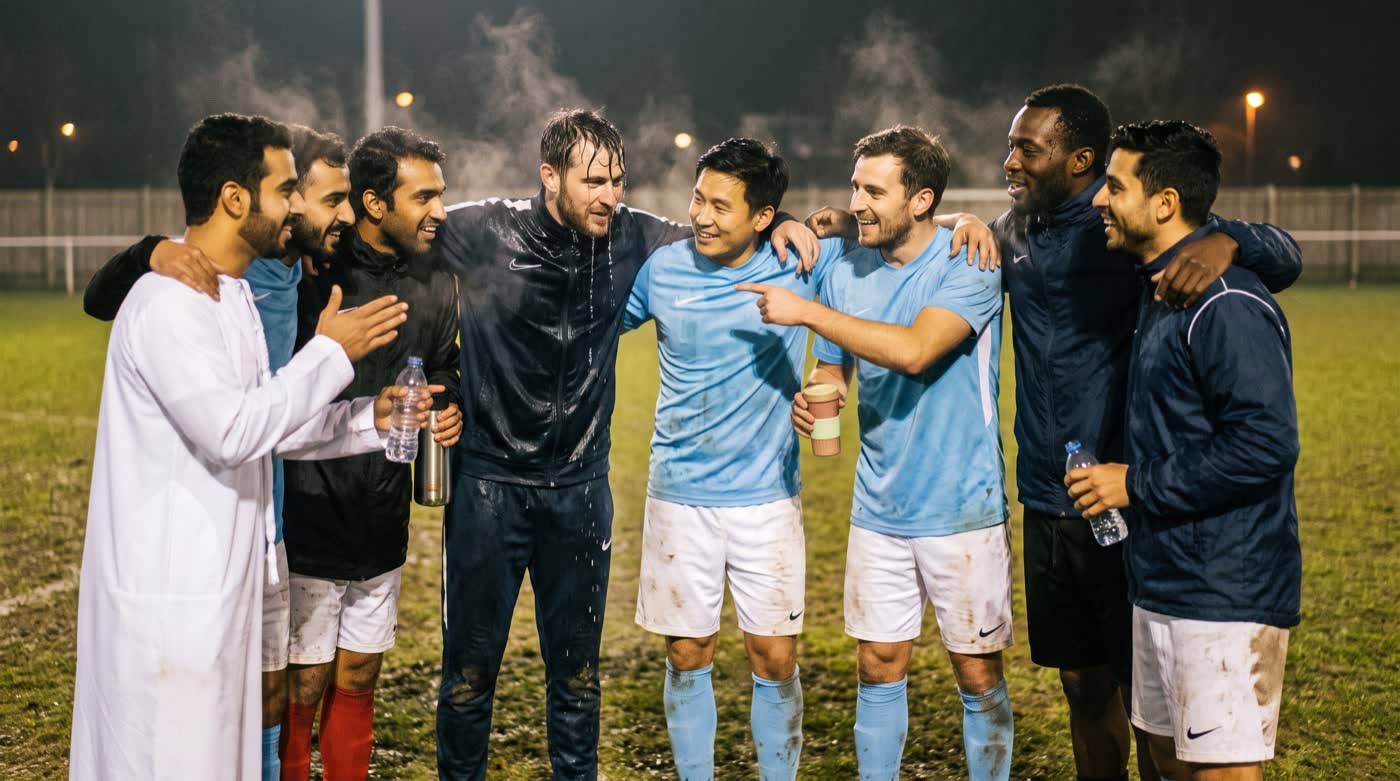 Men on a floodlit pitch after the final whistle, arms around each other, laughing.