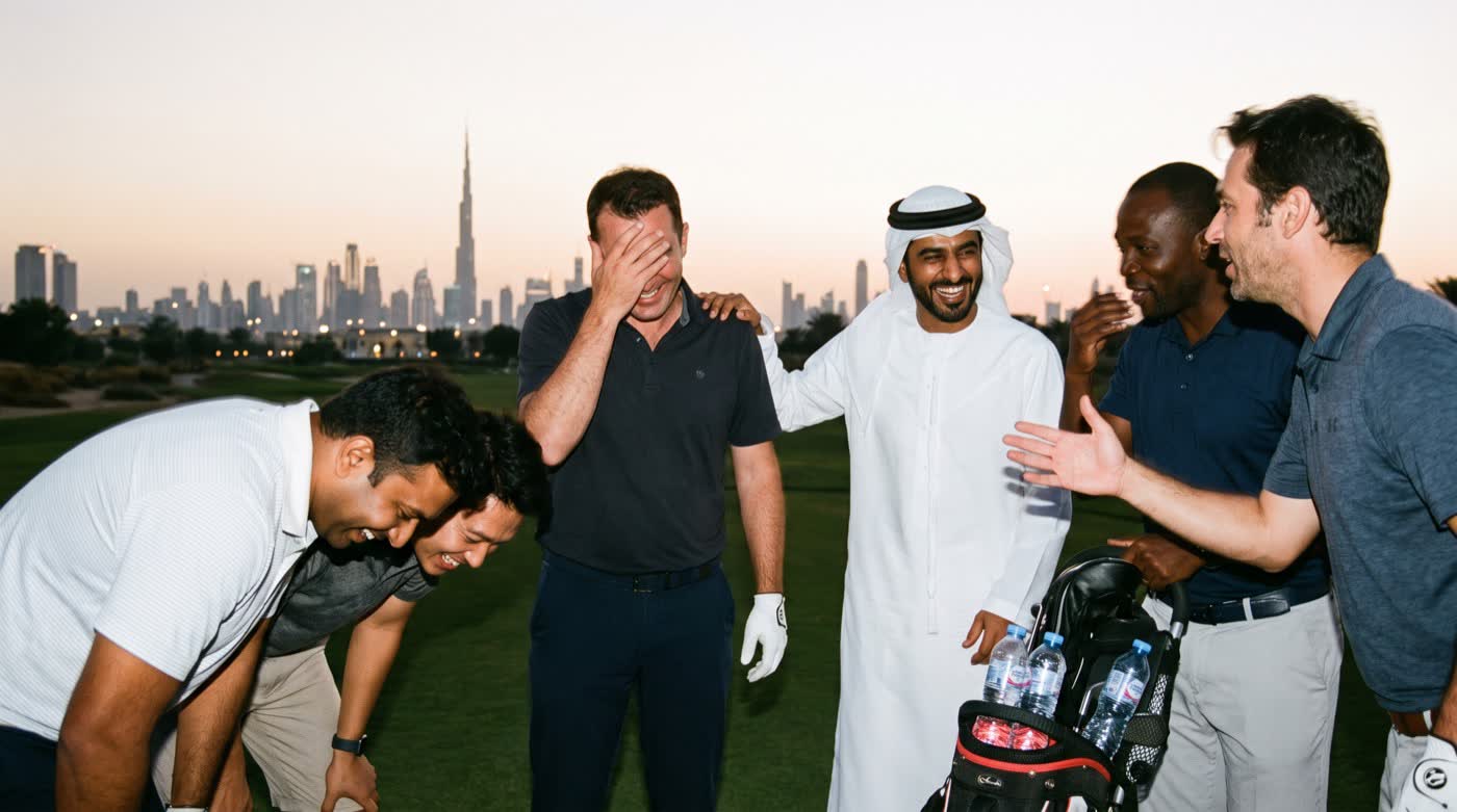 Six men on a fairway at dusk, laughing at a badly hit shot.