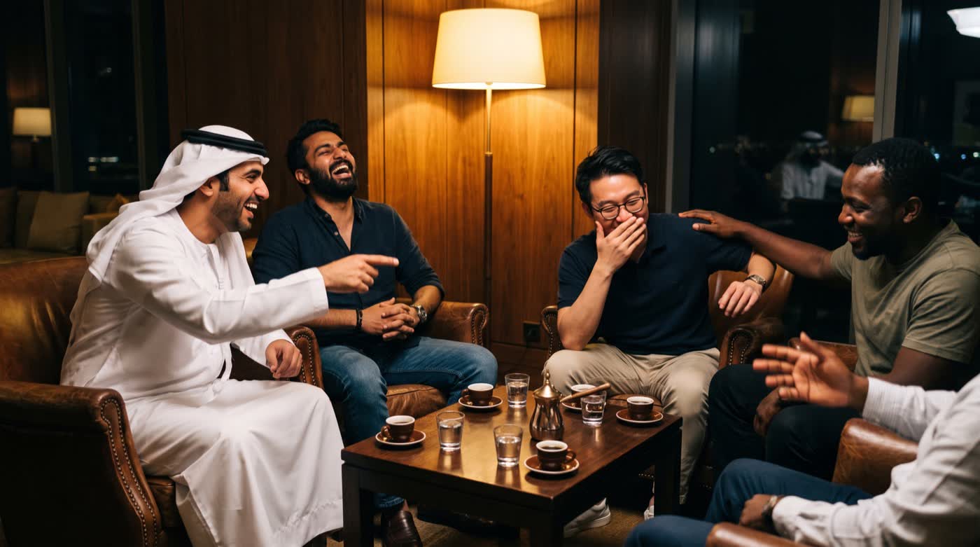 Four men laughing in the armchairs of a quiet hotel lounge late at night.