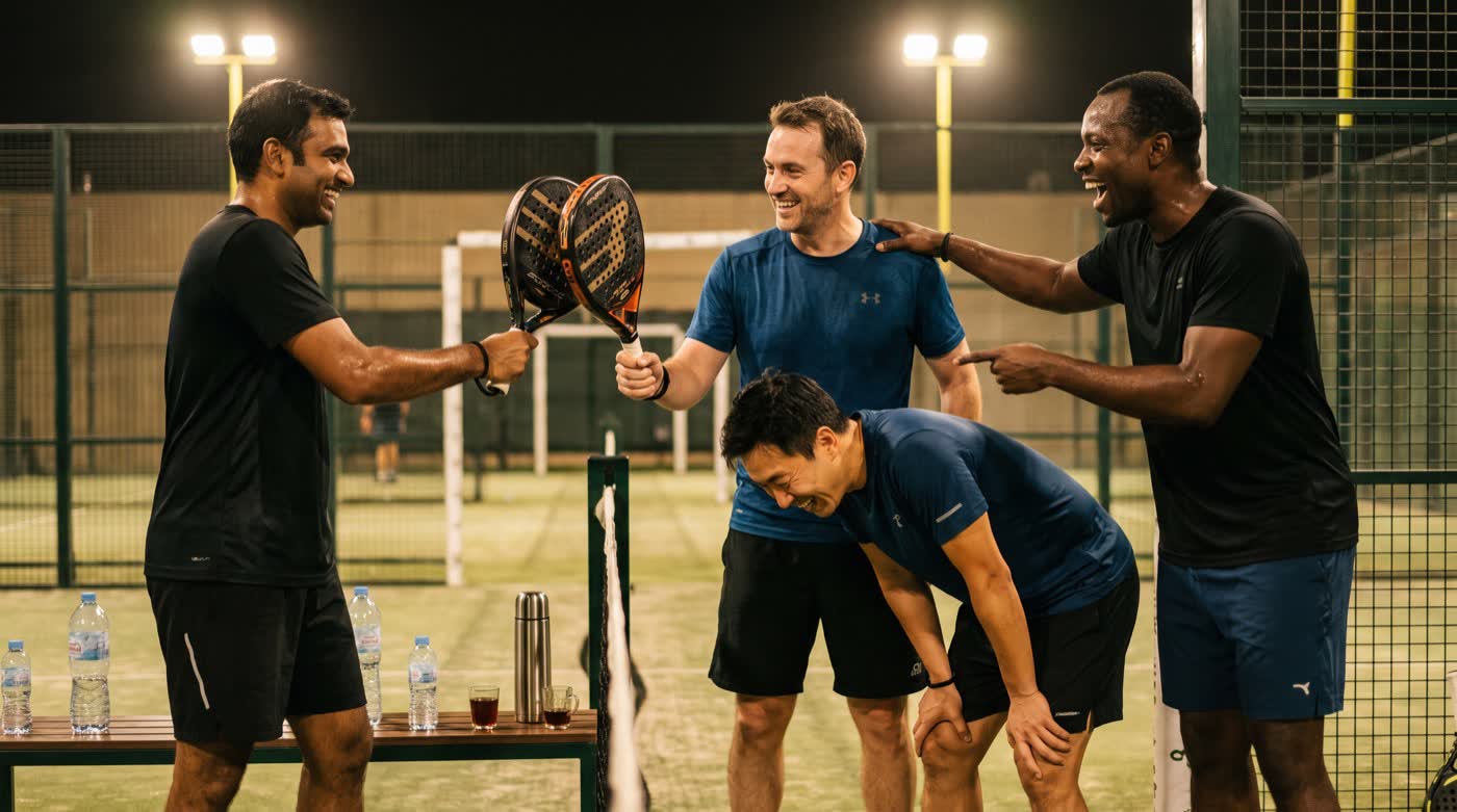 Four men laughing on a floodlit padel court after a point.